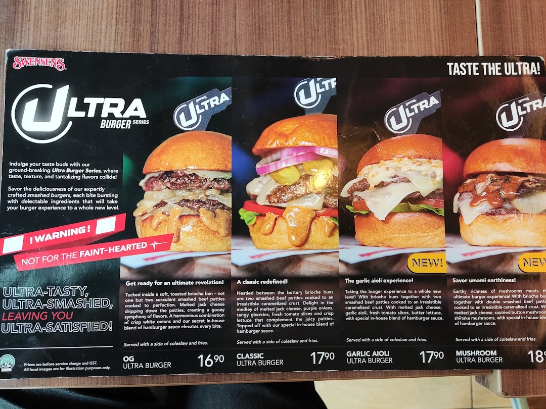 A detailed menu showcasing Swensen's Ultra Burger Series with various burger options and descriptions.
