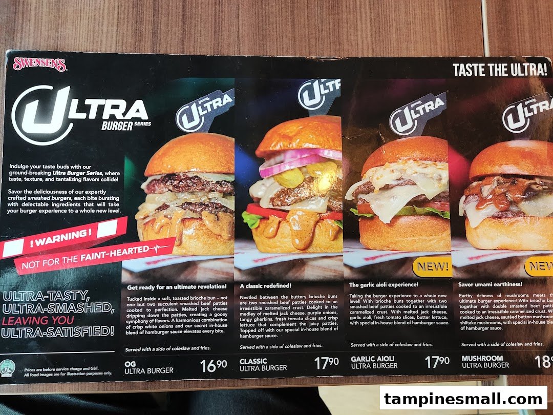 A detailed menu showcasing Swensen's Ultra Burger Series with various burger options and descriptions.
