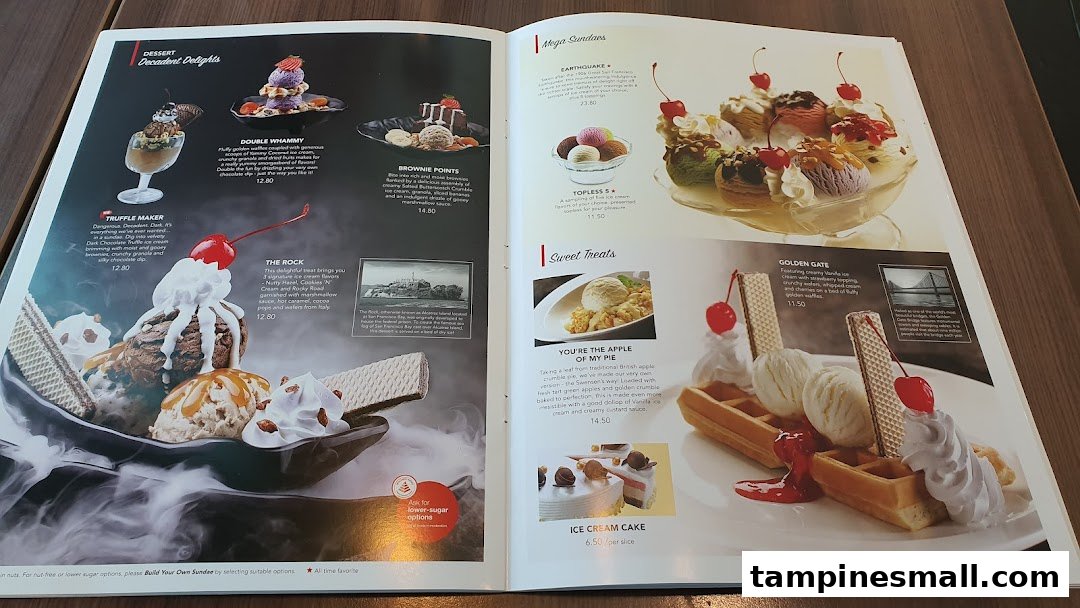 A vibrant menu showcasing Swensen's decadent ice cream sundaes, waffles, cakes, and delightful desserts.