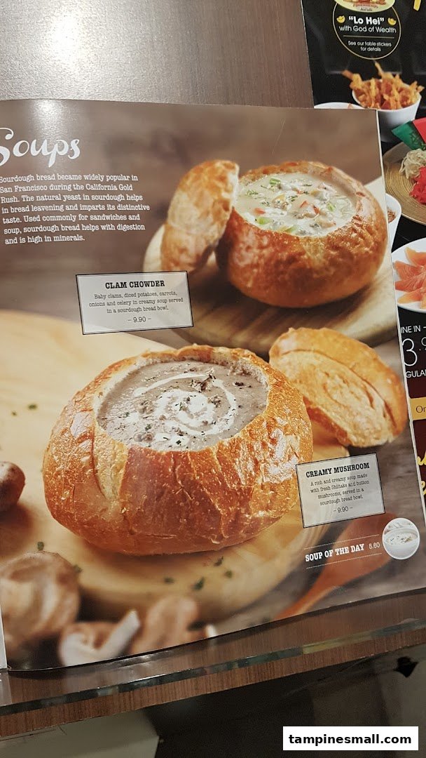 A menu page from Swensen's featuring delicious soups served in sourdough bread bowls.