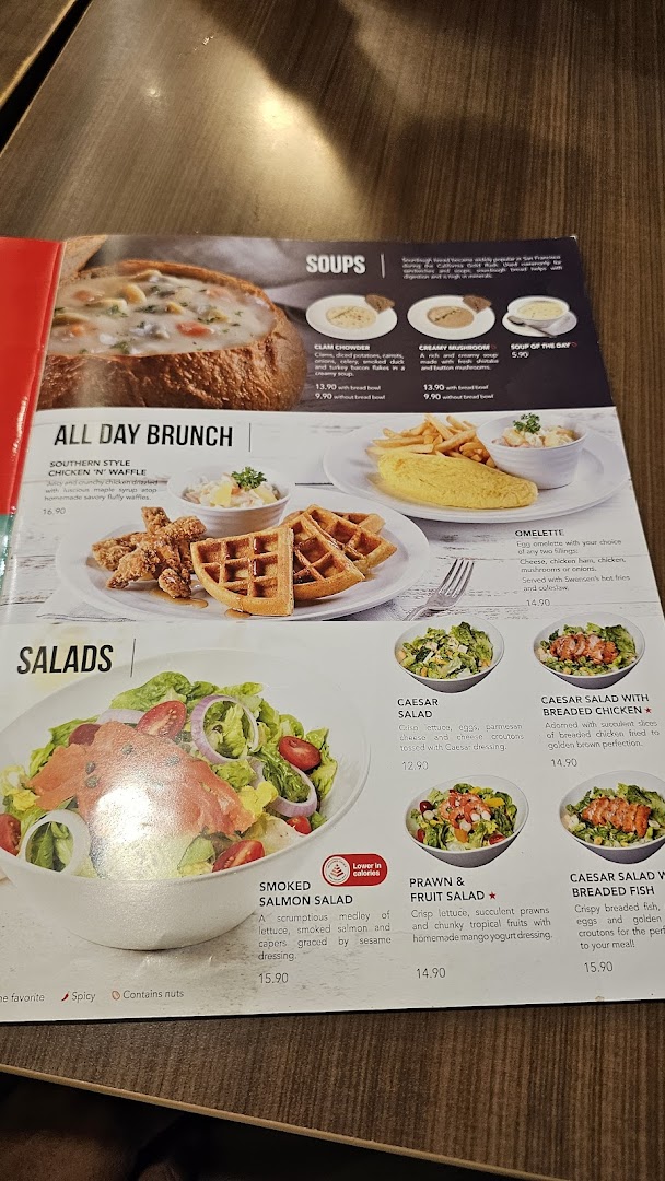 A close-up view of Swensen's menu, showcasing soups, all-day brunch, and salads.