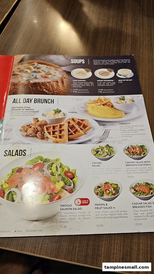 A close-up view of Swensen's menu, showcasing soups, all-day brunch, and salads.