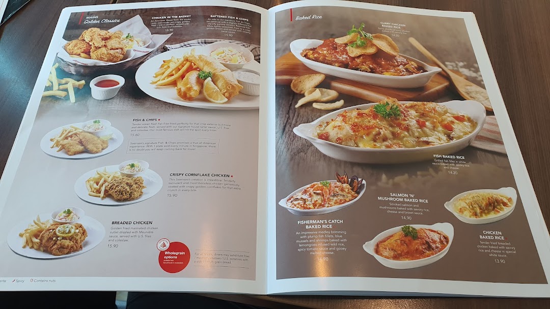 A two-page menu spread from Swensen's, showcasing Golden Classics and Baked Rice dishes with images and descriptions.
