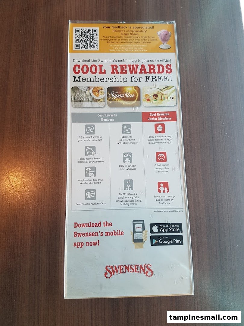 A Swensen's flyer detailing the 'Cool Rewards' membership program benefits and encouraging app download.