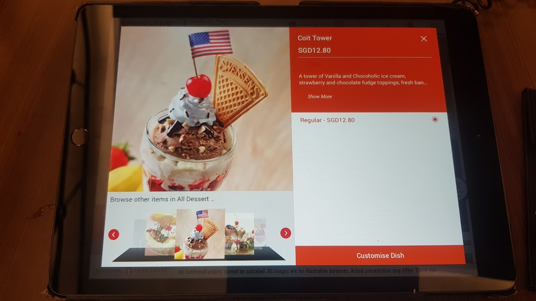 A digital menu displaying the 'Coit Tower' ice cream dessert with its description and price.