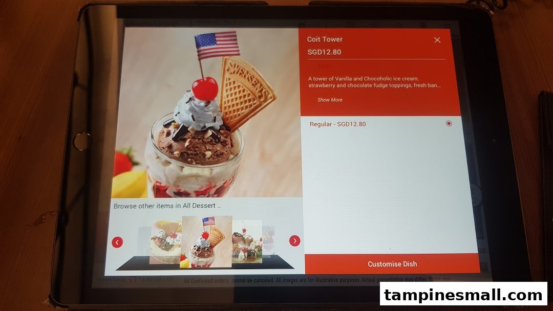 A digital menu displaying the 'Coit Tower' ice cream dessert with its description and price.