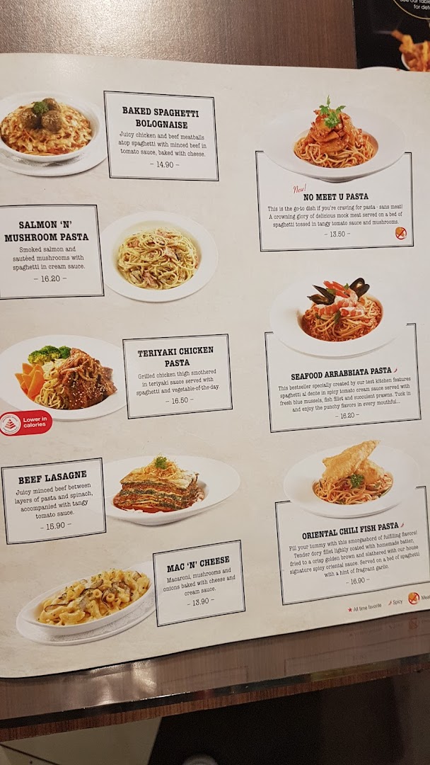A detailed menu page showcasing various pasta and main dishes with descriptions and prices.