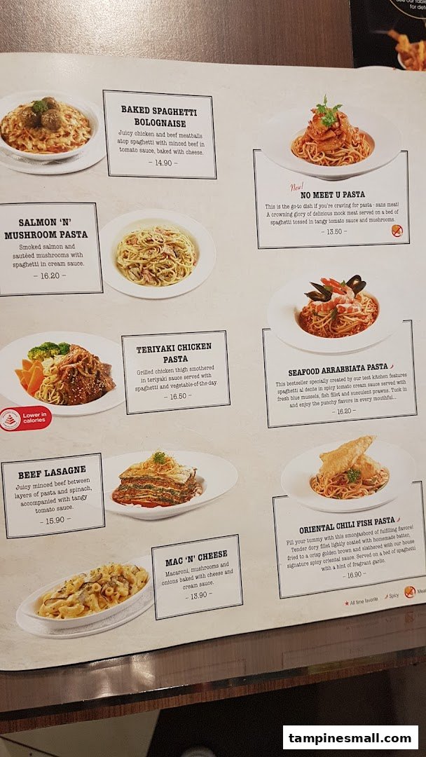 A detailed menu page showcasing various pasta and main dishes with descriptions and prices.