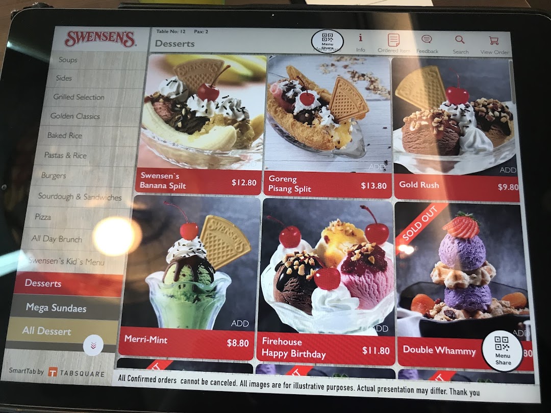 A digital menu displaying Swensen's dessert options with prices and images.