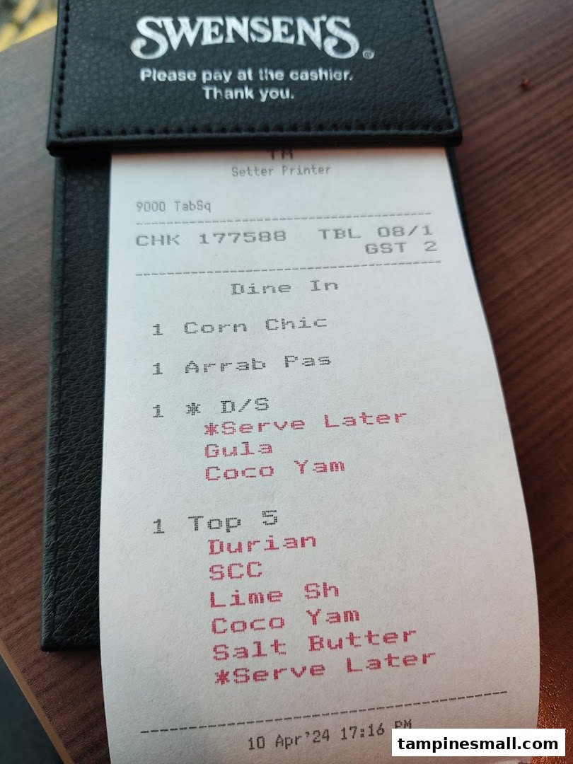 A Swensen's receipt showing ordered items like Corn Chic, Arrab Pas, and various ice cream flavors.