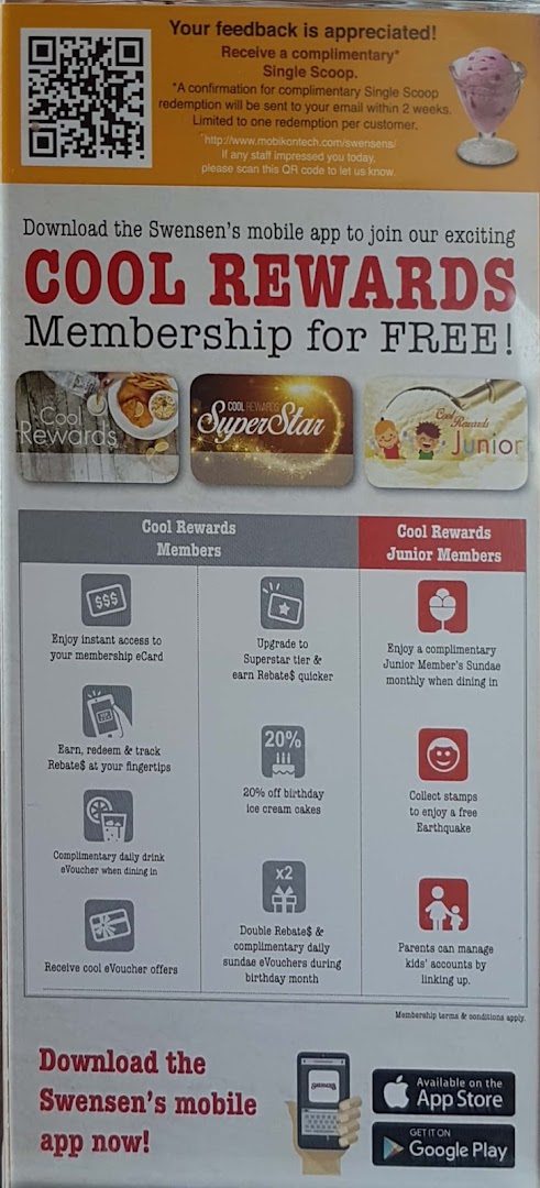 A Swensen's poster detailing 'Cool Rewards' membership benefits, including app download and feedback QR code.