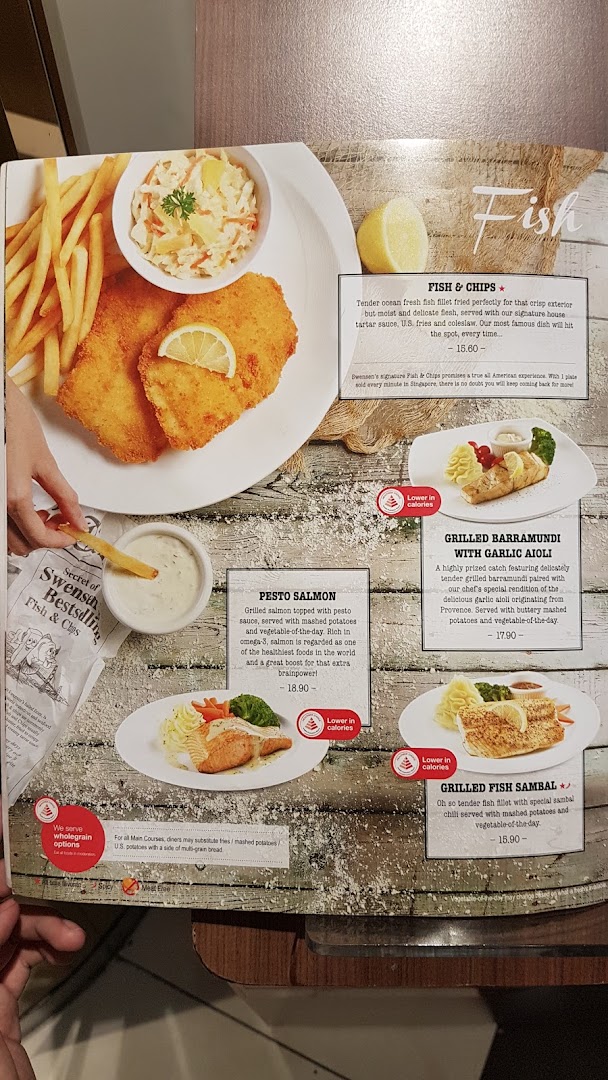 A page from Swensen's menu showcasing various fish dishes with descriptions and prices.
