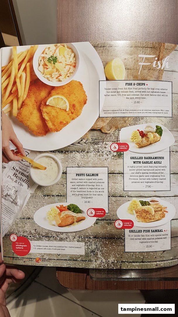 A page from Swensen's menu showcasing various fish dishes with descriptions and prices.