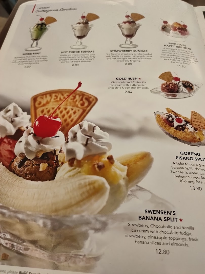 A close-up of Swensen's dessert menu, showcasing various sundaes and banana splits with prices.