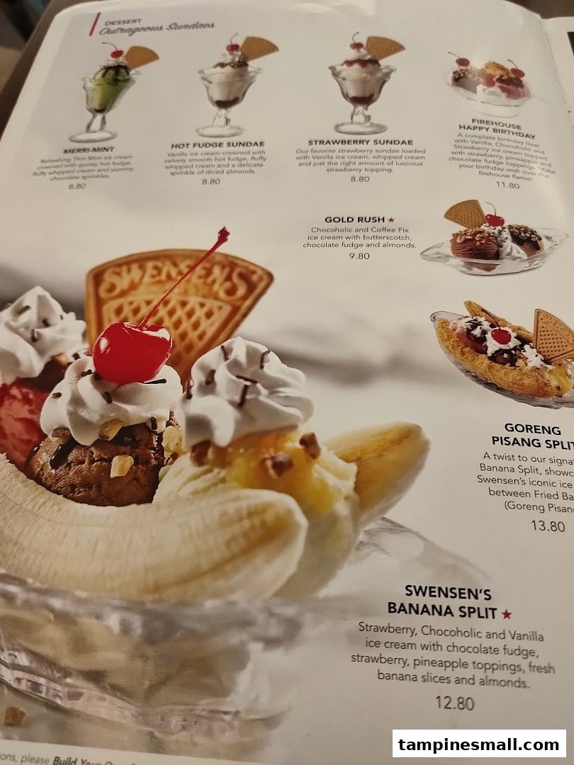 A close-up of Swensen's dessert menu, showcasing various sundaes and banana splits with prices.