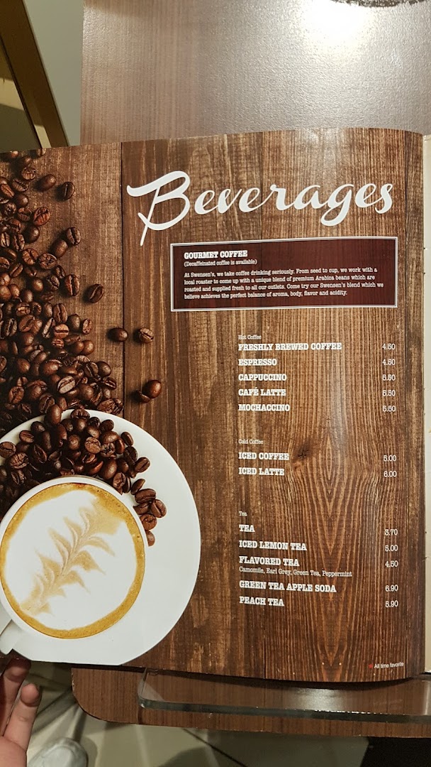 A menu page from Swensen's showcasing a variety of beverages including coffee and tea.