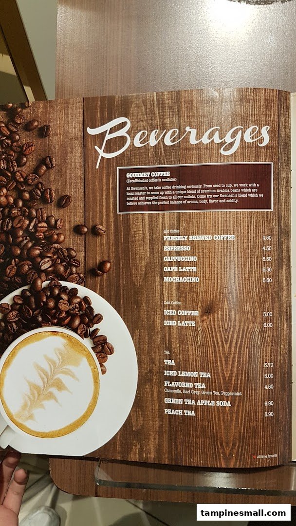 A menu page from Swensen's showcasing a variety of beverages including coffee and tea.