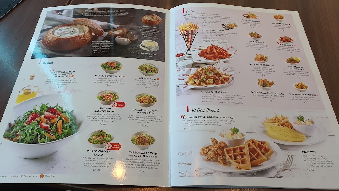 A comprehensive view of Swensen's menu, showcasing soups, salads, sides, and all-day brunch selections.
