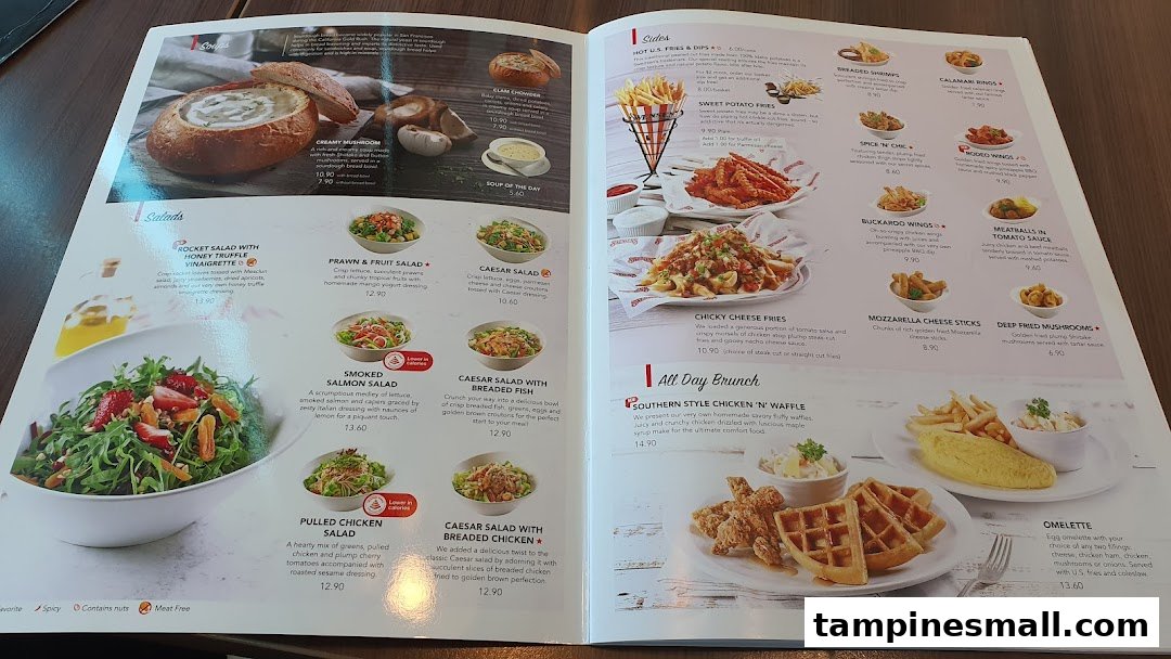 A comprehensive view of Swensen's menu, showcasing soups, salads, sides, and all-day brunch selections.