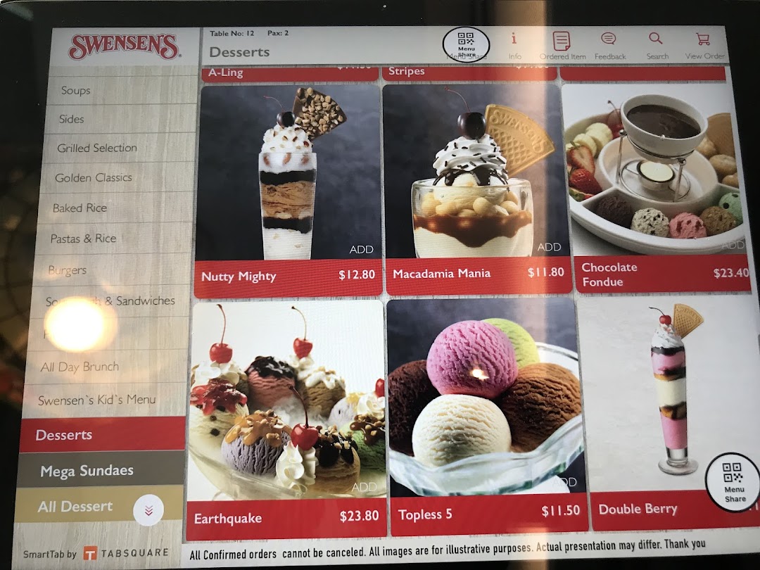 A digital menu display at Swensen's, showcasing a variety of delicious desserts and sundaes.