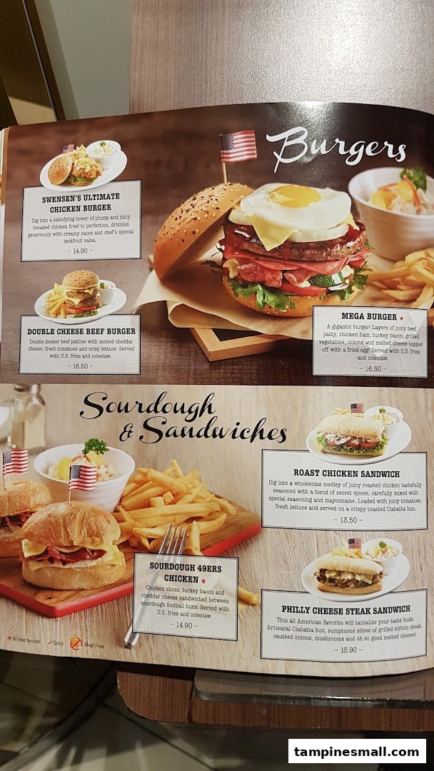 A menu page from Swensen's featuring a variety of burgers and sourdough sandwiches with descriptions and prices.