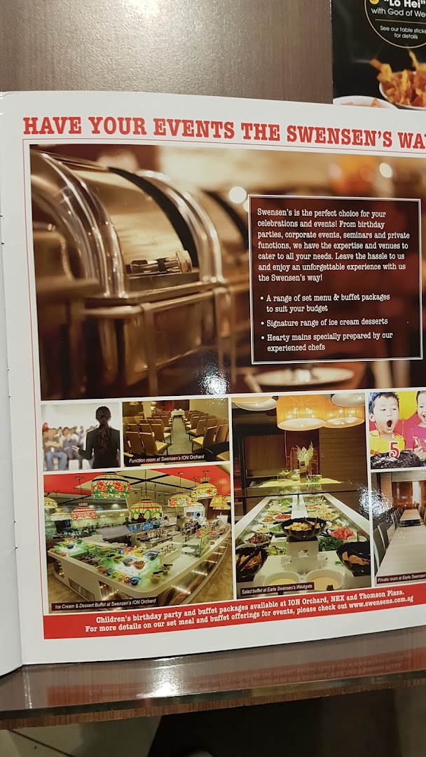 A brochure page showcasing Swensen's event catering services, including buffet setups and function room options.