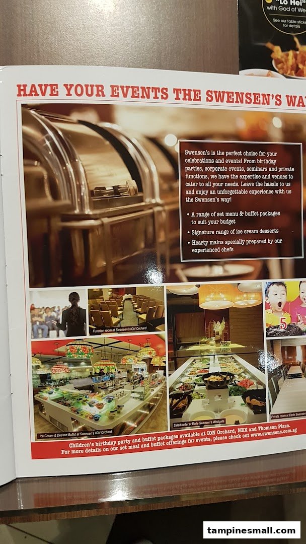 A brochure page showcasing Swensen's event catering services, including buffet setups and function room options.