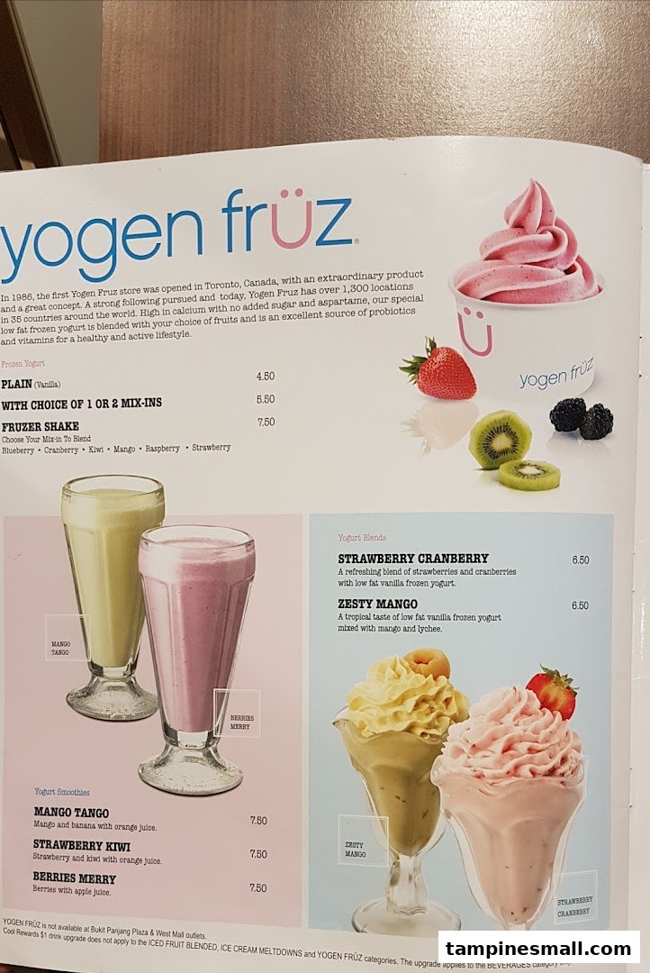 A vibrant menu displaying various frozen yogurt, yogurt blend, and smoothie options from Yogen Fruz.