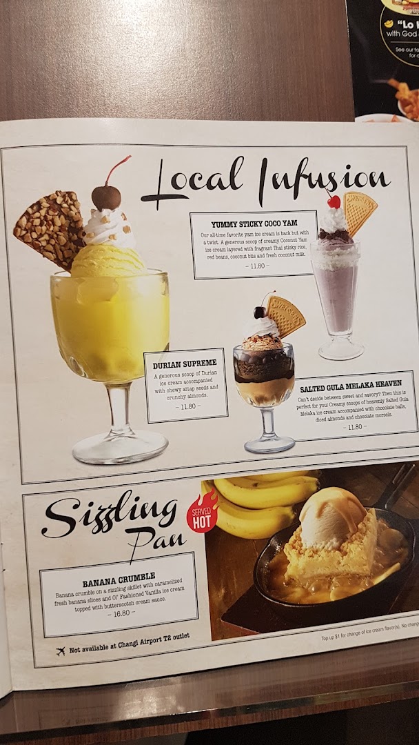 A menu page from Swensen's featuring ice cream desserts and a hot banana crumble.