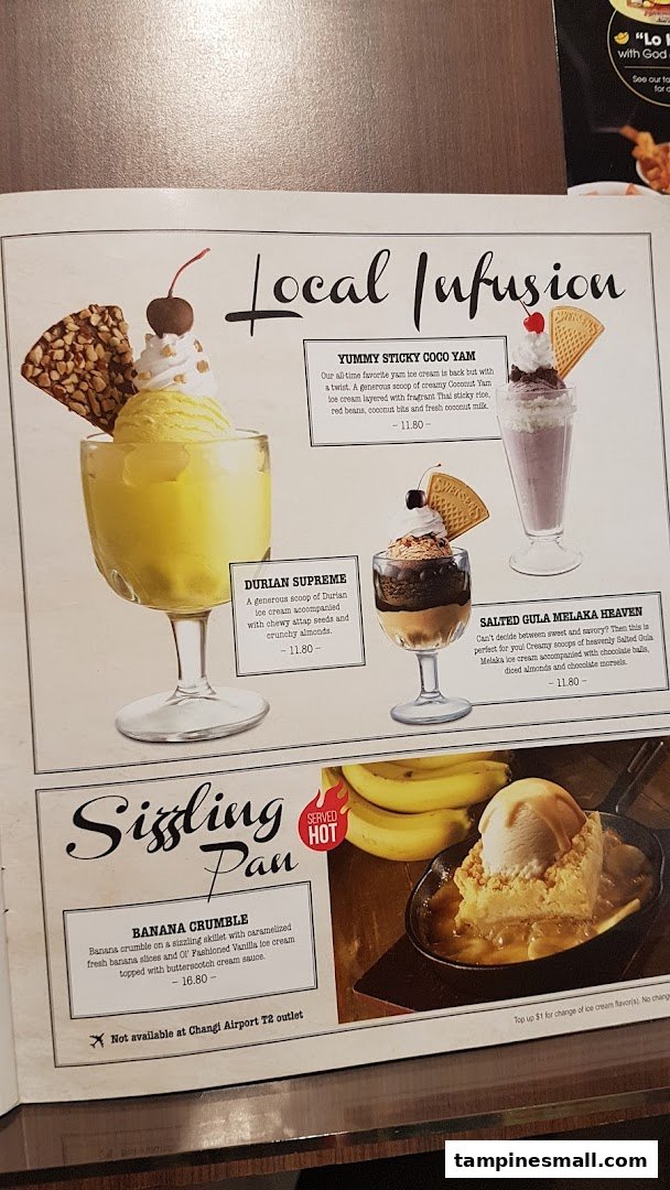 A menu page from Swensen's featuring ice cream desserts and a hot banana crumble.