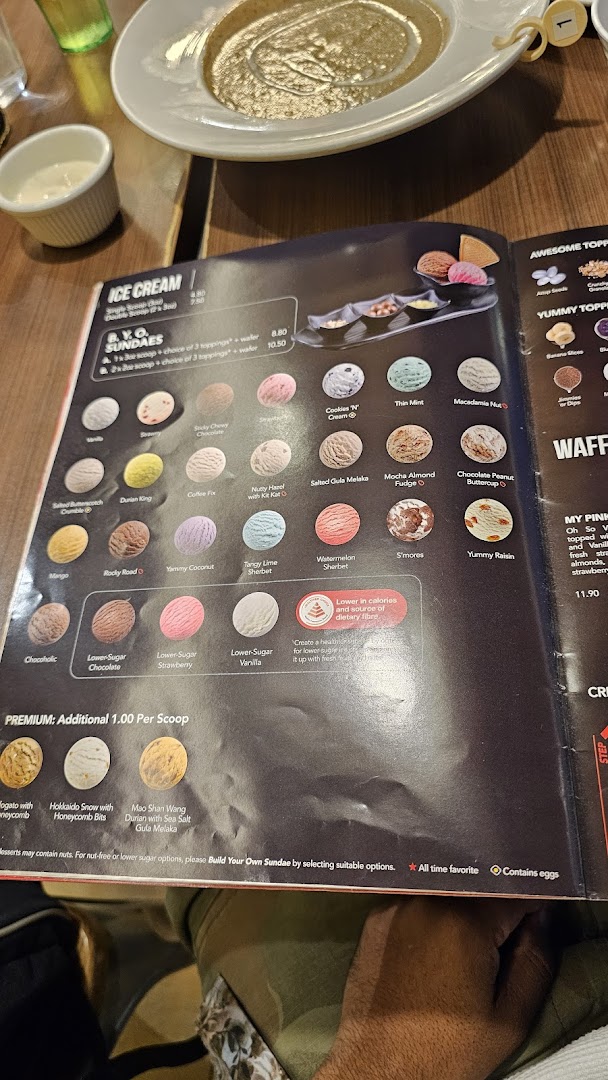 A detailed menu page from Swensen's, showcasing a variety of ice cream flavors and sundae options.
