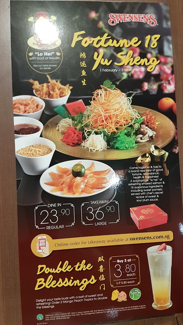 A Swensen's promotional menu featuring festive Yu Sheng and a drink special.