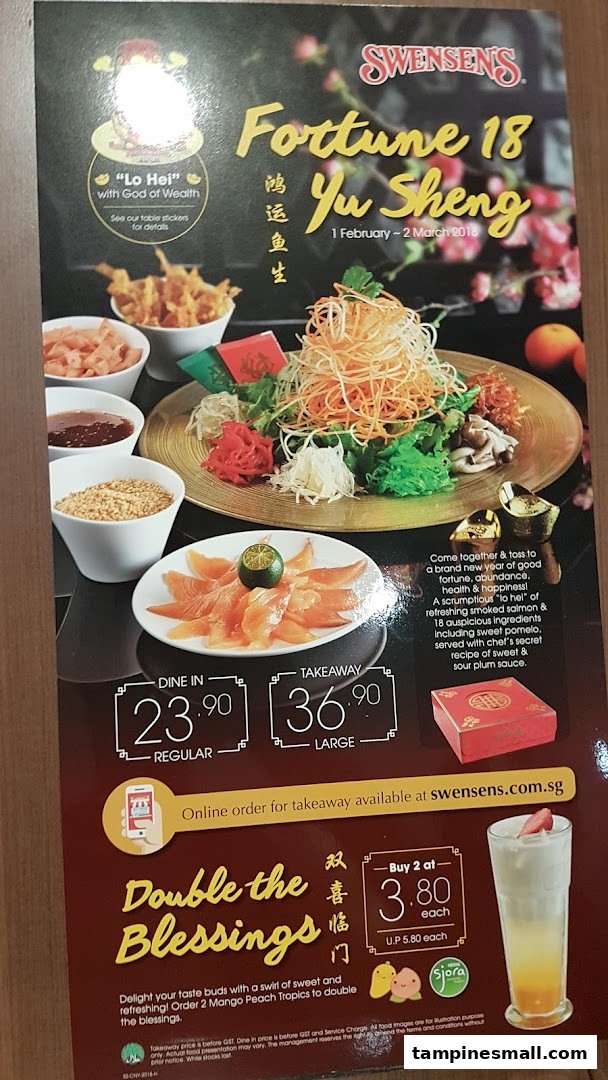 A Swensen's promotional menu featuring festive Yu Sheng and a drink special.