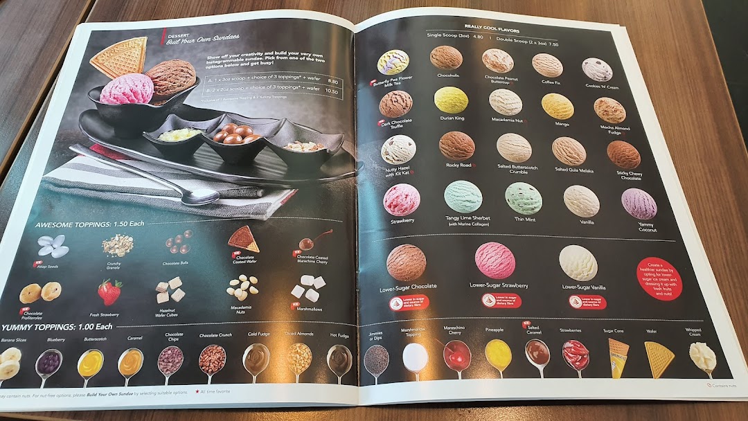 A detailed view of Swensen's ice cream menu, showcasing various flavors, sundaes, and topping options.