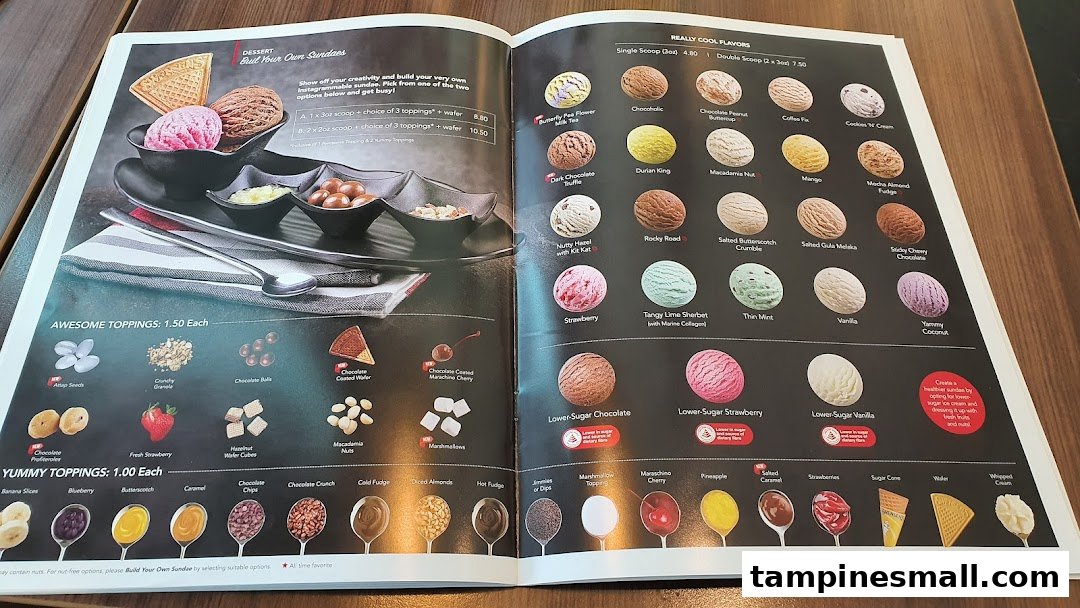 A detailed view of Swensen's ice cream menu, showcasing various flavors, sundaes, and topping options.