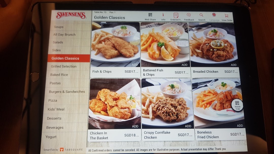 A digital menu display at Swensen's showing 'Golden Classics' food items with prices.