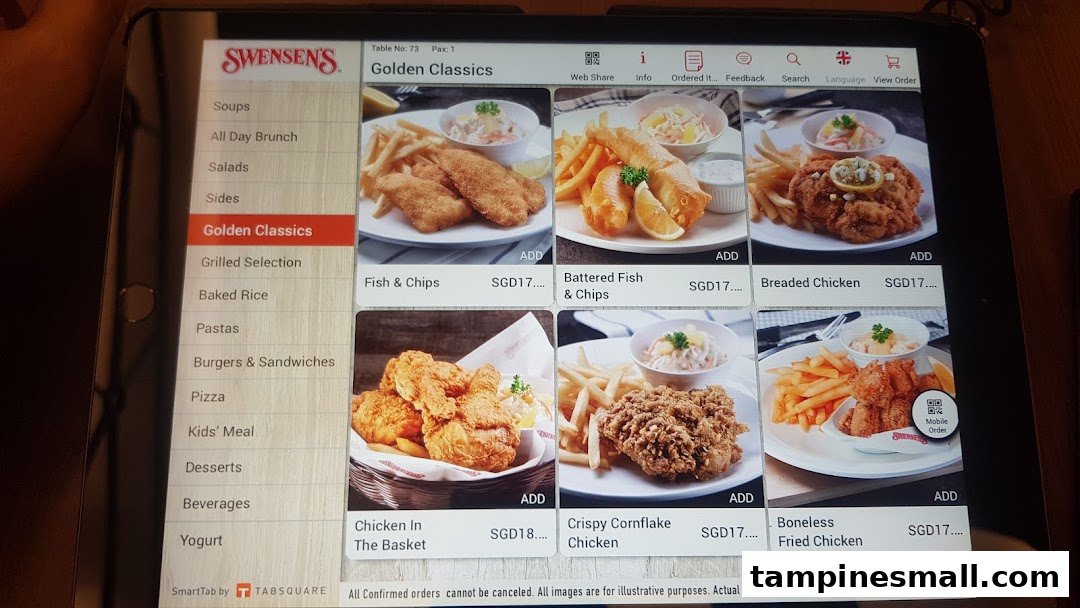 A digital menu display at Swensen's showing 'Golden Classics' food items with prices.