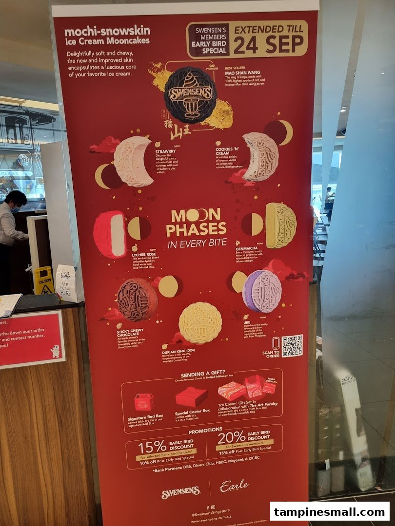 A promotional banner showcasing Swensen's Mochi-Snowskin Ice Cream Mooncakes with various flavors and early bird discounts.