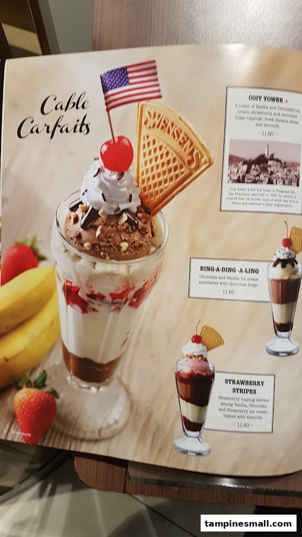 A menu page from Swensen's showcasing delicious ice cream sundaes and their descriptions.