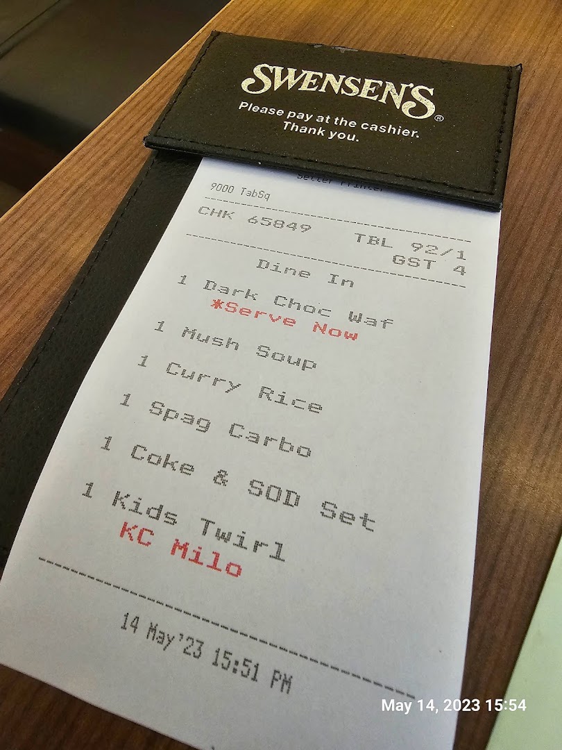 An order slip from Swensen's showing a list of food and drink items ordered.
