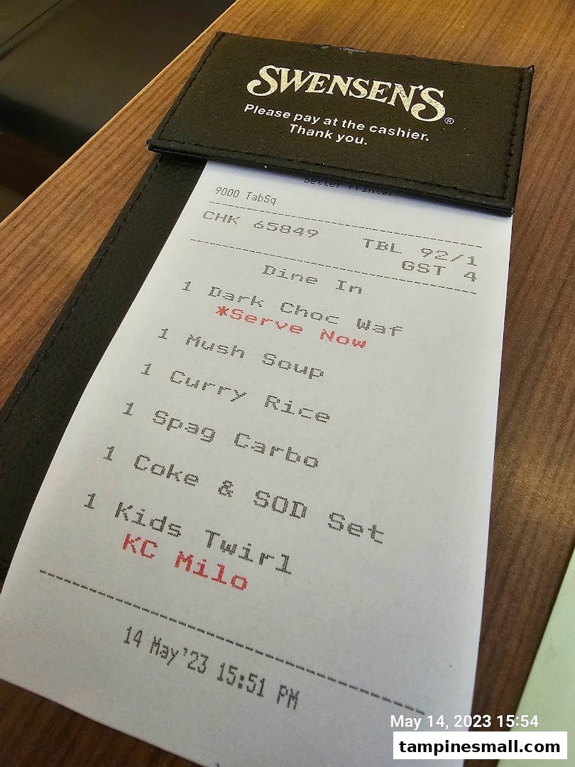 An order slip from Swensen's showing a list of food and drink items ordered.
