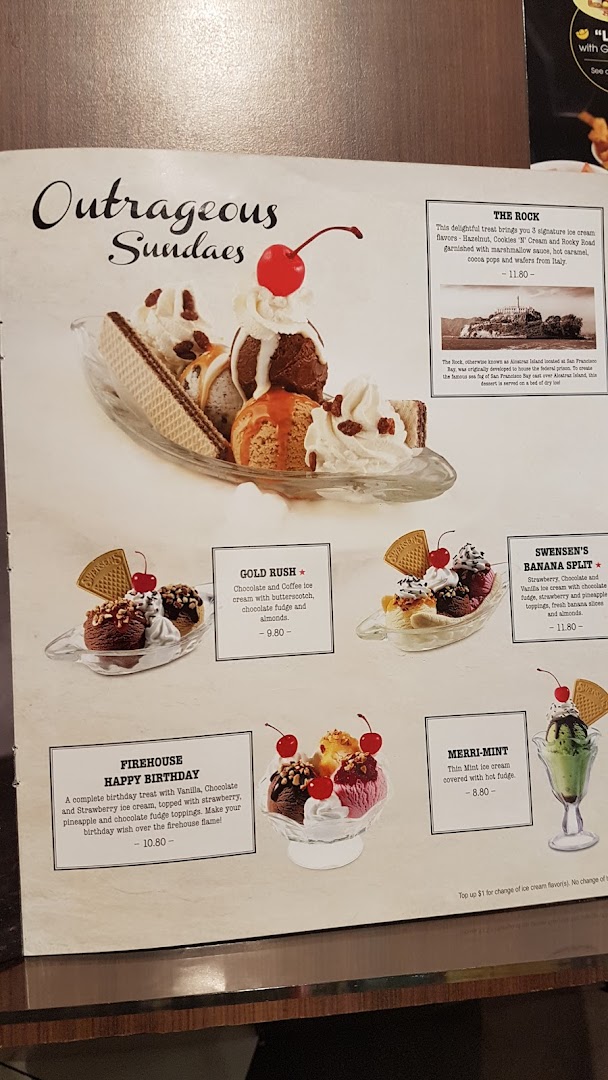 A menu page from Swensen's showcasing a variety of 'Outrageous Sundaes' with descriptions and prices.