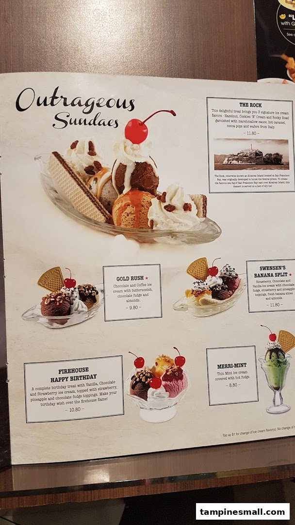 A menu page from Swensen's showcasing a variety of 'Outrageous Sundaes' with descriptions and prices.