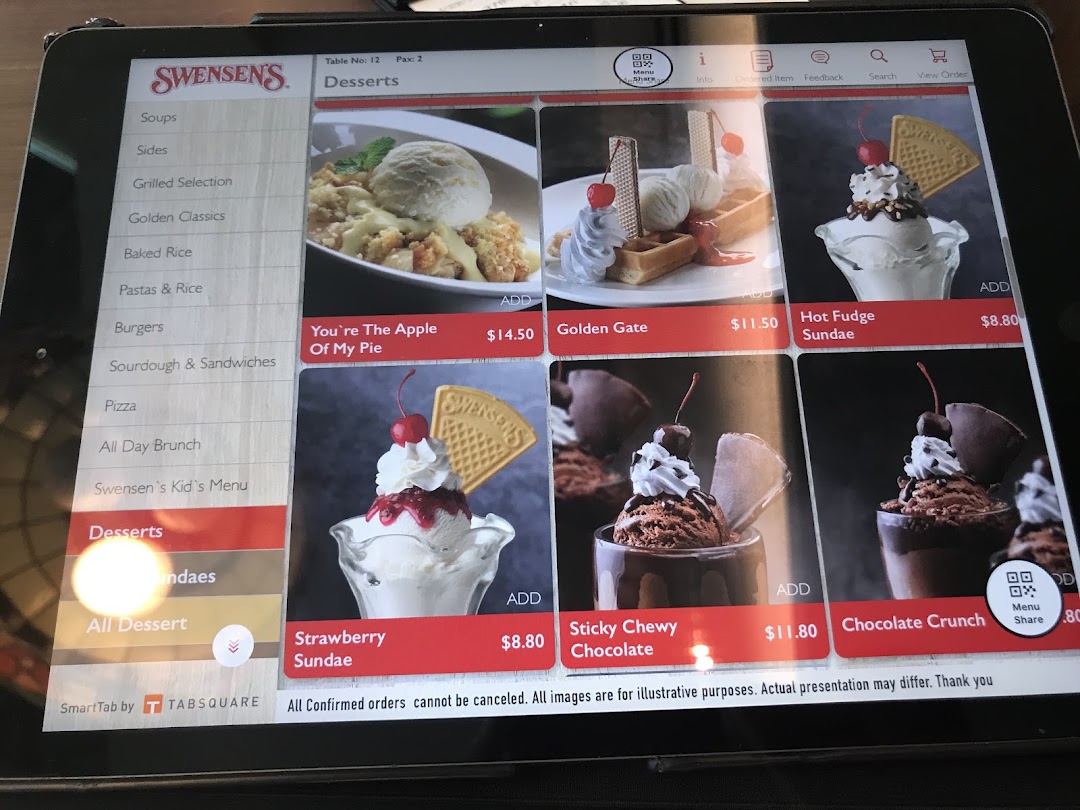 A digital menu displaying various dessert options from Swensen's, including sundaes and pies.