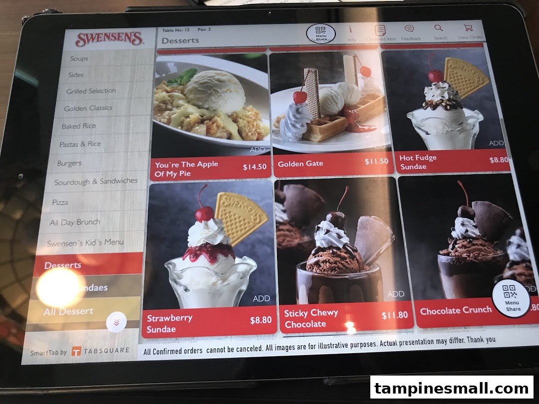 A digital menu displaying various dessert options from Swensen's, including sundaes and pies.