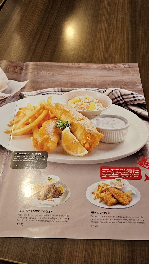A Swensen's menu page showcasing their signature Fish & Chips and Boneless Fried Chicken dishes.