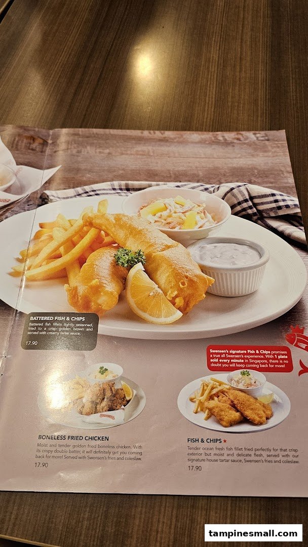 A Swensen's menu page showcasing their signature Fish & Chips and Boneless Fried Chicken dishes.
