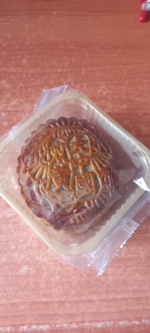 A traditional mooncake with intricate design, presented in clear plastic packaging.