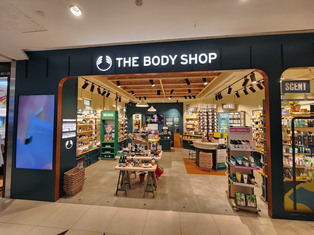 The inviting entrance of The Body Shop, showcasing its range of natural beauty and skincare products.