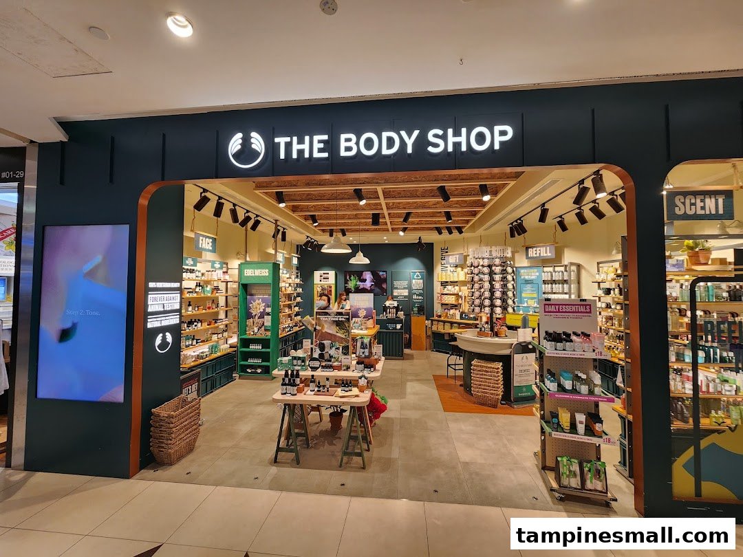 The inviting entrance of The Body Shop, showcasing its range of natural beauty and skincare products.